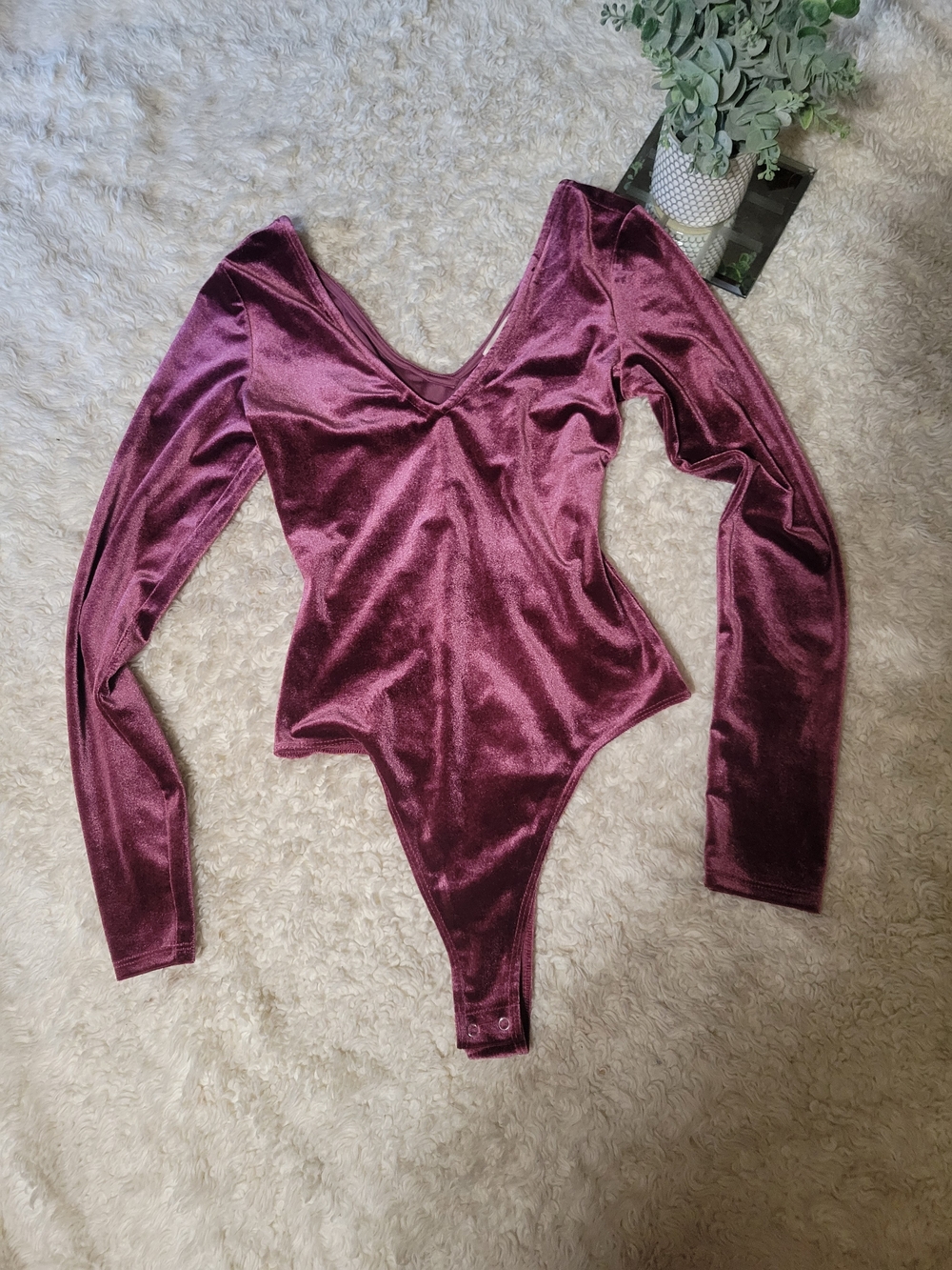 Open Edit Long Sleeve Velvet Purple Bodysuit Deep V And Open Back | XS